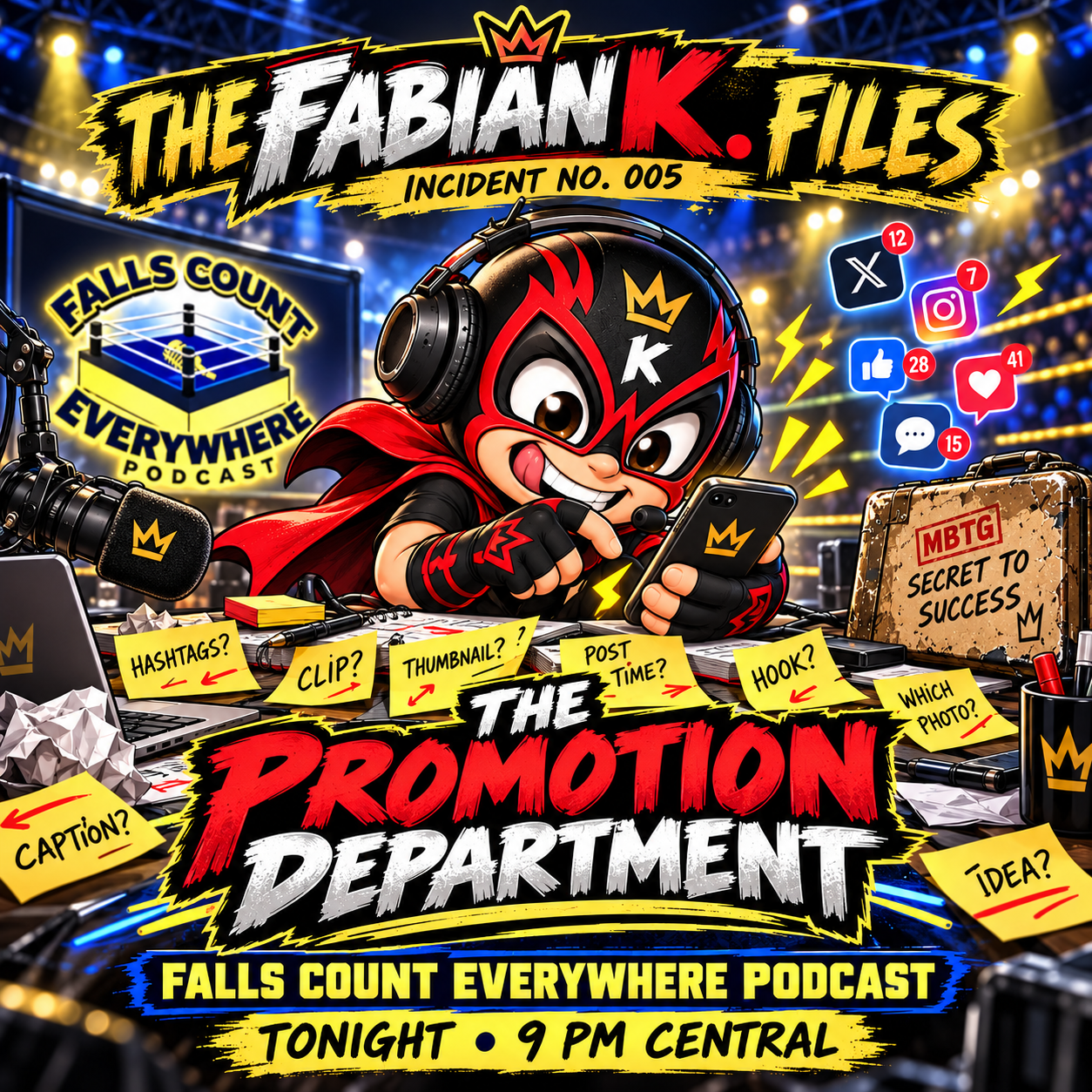 Fabian K. at a social media desk promoting Falls Count Everywhere Podcast, tonight at 9 PM Central