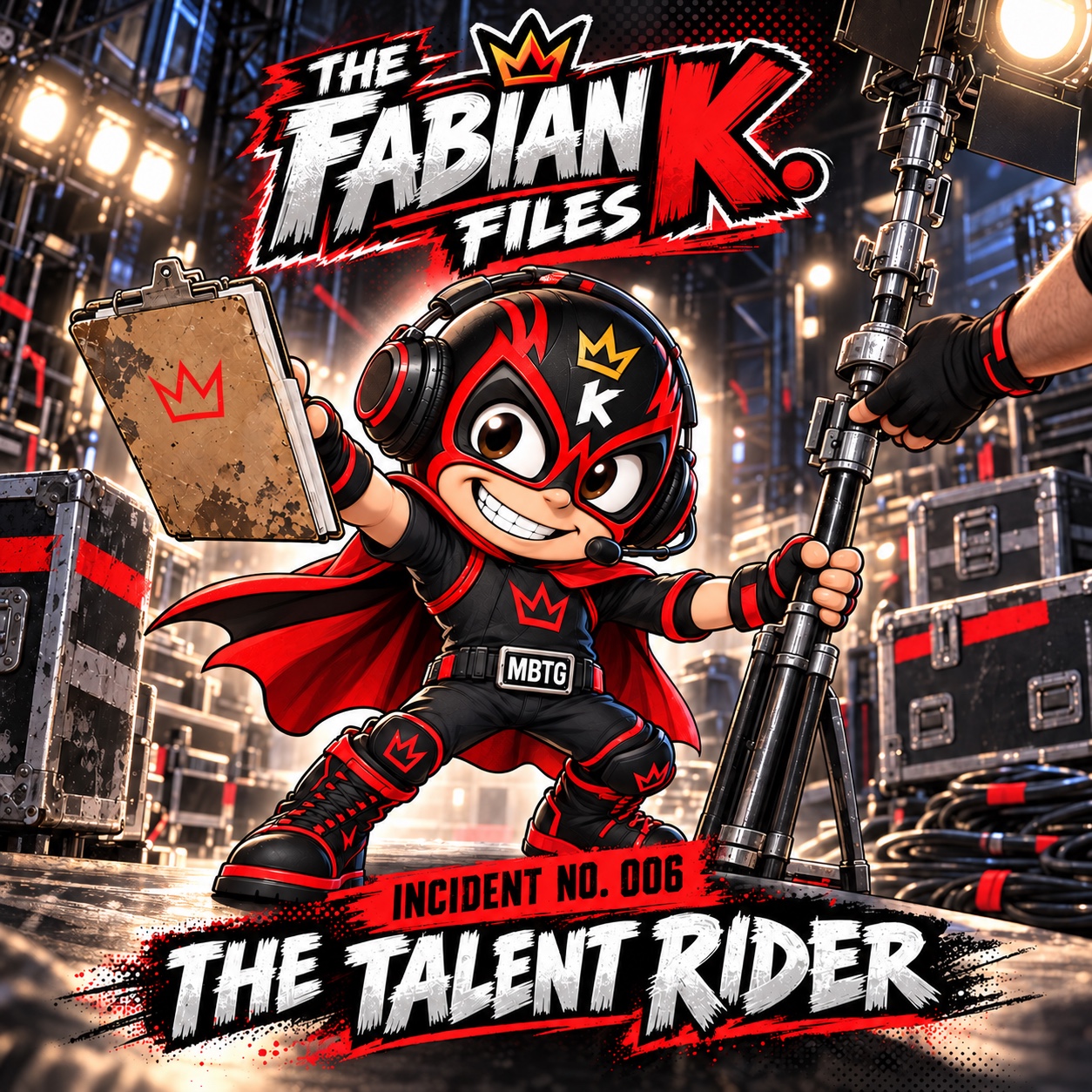 Fabian K. in his black and red outfit with a clipboard and light stand backstage, The Talent Rider, Incident No. 006